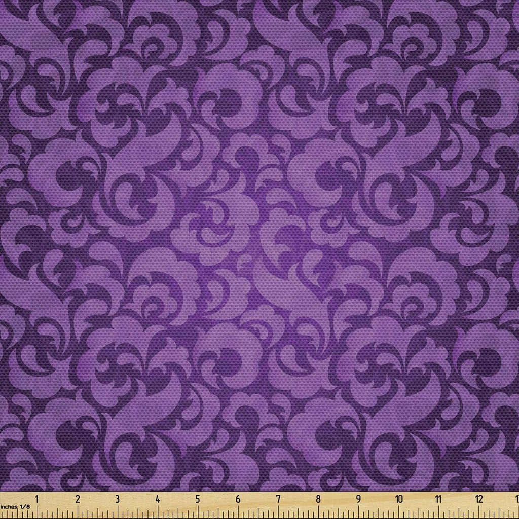 Lunarable Violet Fabric by The Yard, Vintage Inspired Ornamental Antique Motifs Baroque Leaf Silhouettes Floral, Decorative Fabric for Upholstery and Home Accents, 10 Yards, Purple