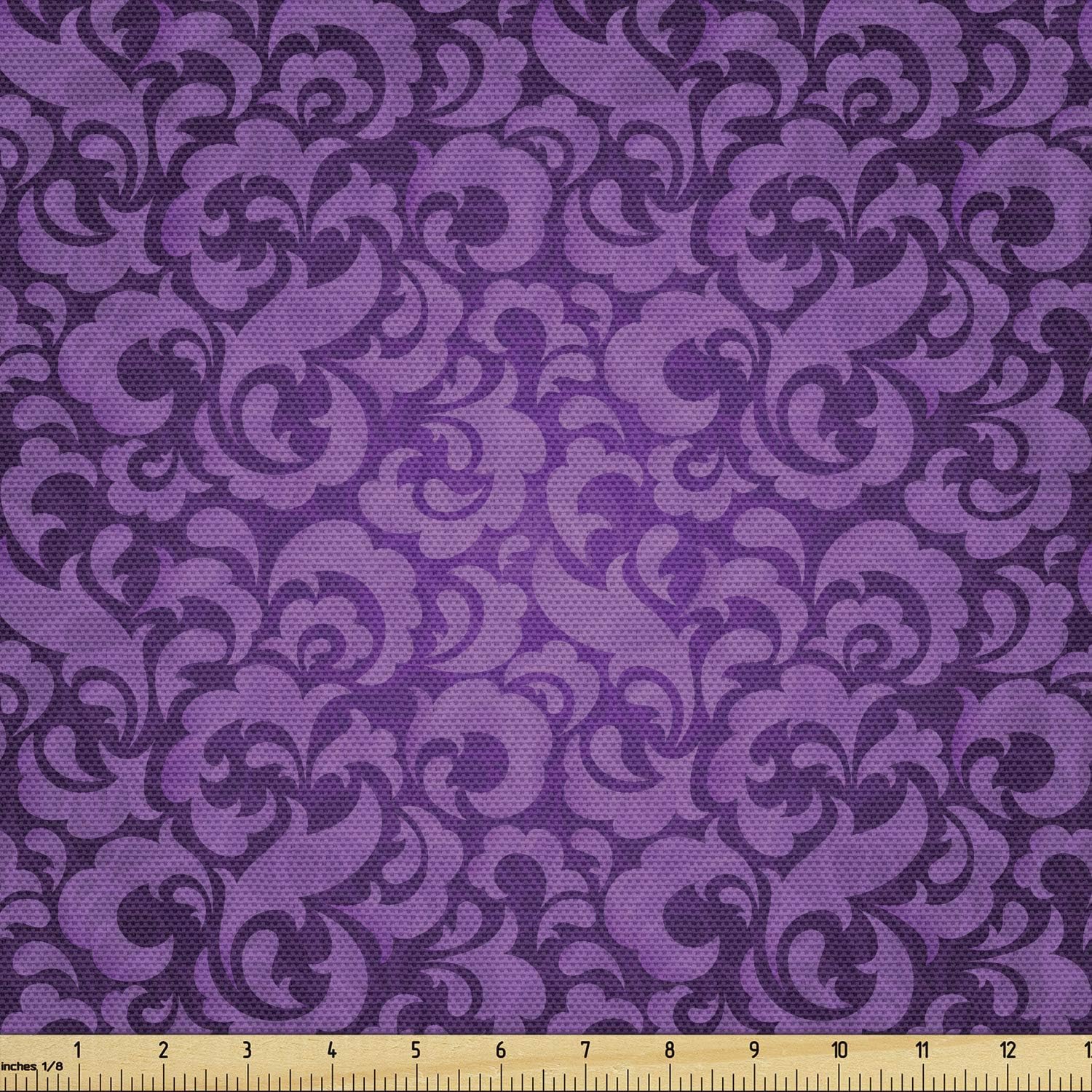 Lunarable Violet Fabric by The Yard, Vintage Inspired Ornamental Antique Motifs Baroque Leaf Silhouettes Floral, Decorative Fabric for Upholstery and Home Accents, 10 Yards, Purple