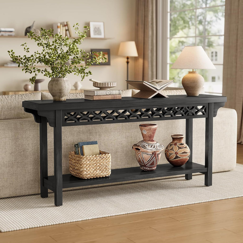 LITTLE TREE 70.87-Inch Long Console, Solid Wood Farmhouse Narrow Entryway Table with Shelf, Rustic Sofa Table for Living Room, Hallway, Black
