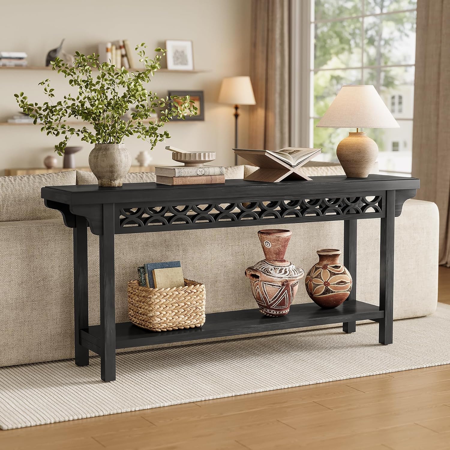 LITTLE TREE 70.87-Inch Long Console, Solid Wood Farmhouse Narrow Entryway Table with Shelf, Rustic Sofa Table for Living Room, Hallway, Black