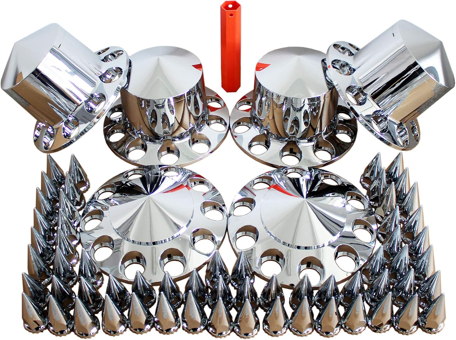 MRJLK Chrome ABS Complete Axle Cover Set with Hub Caps and 33mm Screw-On Spiked Lug Nut Covers for Semi Trucks (2 Front and 4 Rear)