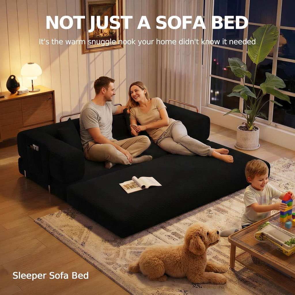 MoonSpeak 78.8''Sleeper Couch Bed for Livingroom,Convertible Modular Sofa with Armrest Pillow,Modular Foldable Corduroy Couches in a Box,No Assembly (Black)