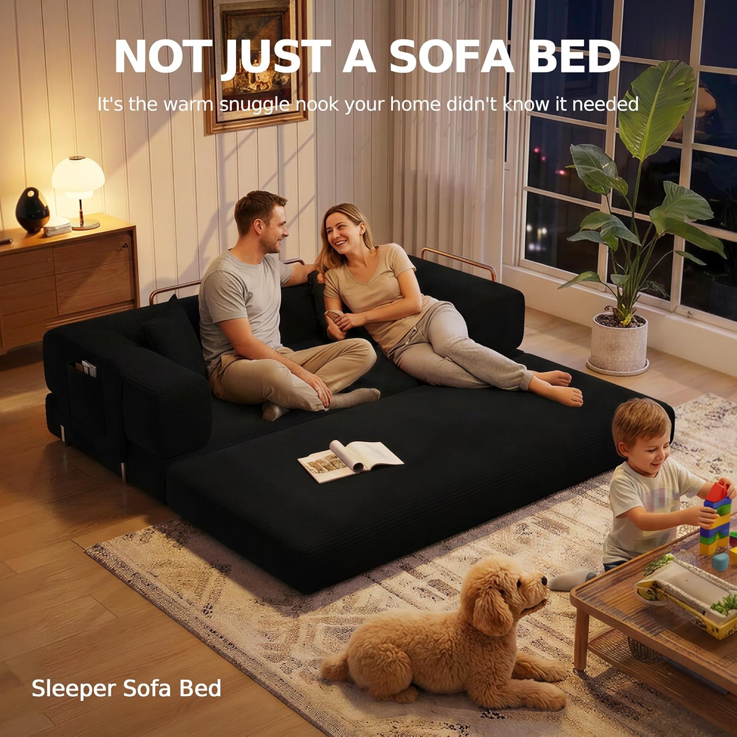 MoonSpeak 78.8''Sleeper Couch Bed for Livingroom,Convertible Modular Sofa with Armrest Pillow,Modular Foldable Corduroy Couches in a Box,No Assembly (Black)
