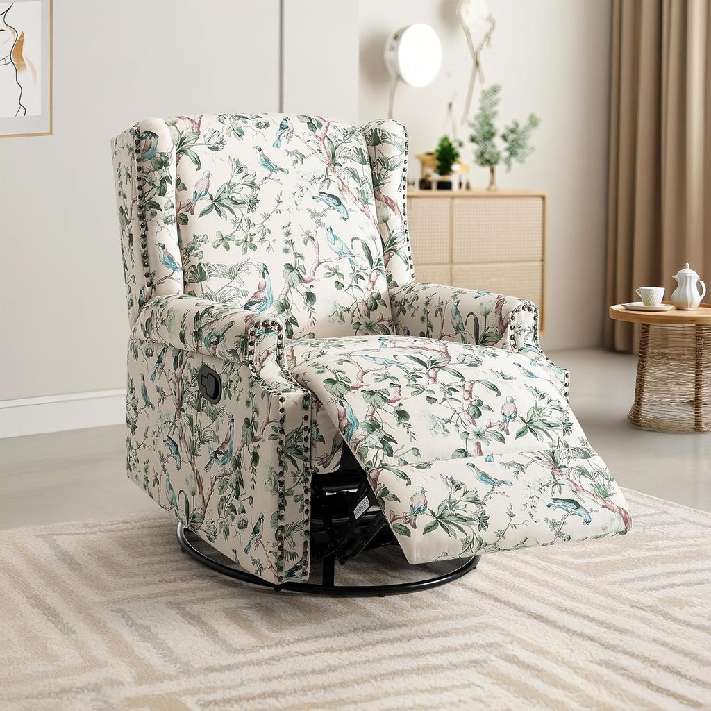 Swivel Rocker Recliner Chair, 360° Swivel Wingback Recliner Chairs for Adults, Upholstered Printed Fabric Glider Rocking Chair with High Back, Deep Seat for Living Romm Bedroom, Bird