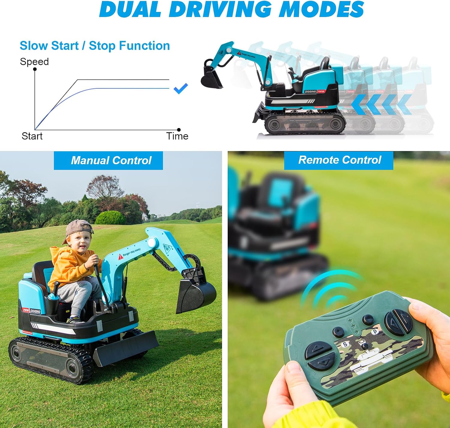 360 Degree Rotating Ride On Excavator and Bulldozer,JOYLDIAS 12V12AH Battery Powered Ride On Toy Backhoe W/Track Design Wheels for All Terrain,Remote Control,MP3,Toolbox for Kids,Parent,Blue