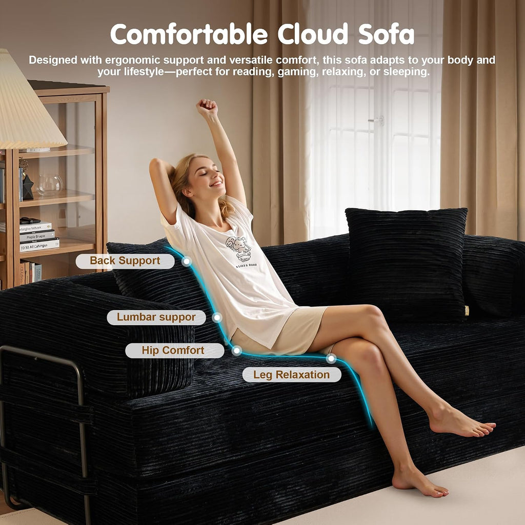81″ Convertible Sleeper Sofa Bed with Pillows, Corduroy Foldable Mattress Couch with Fixed-Shape Frame, Futon Sofa Bed, Boneless Couch for Living Room Bedroom Lounge Studio, Black