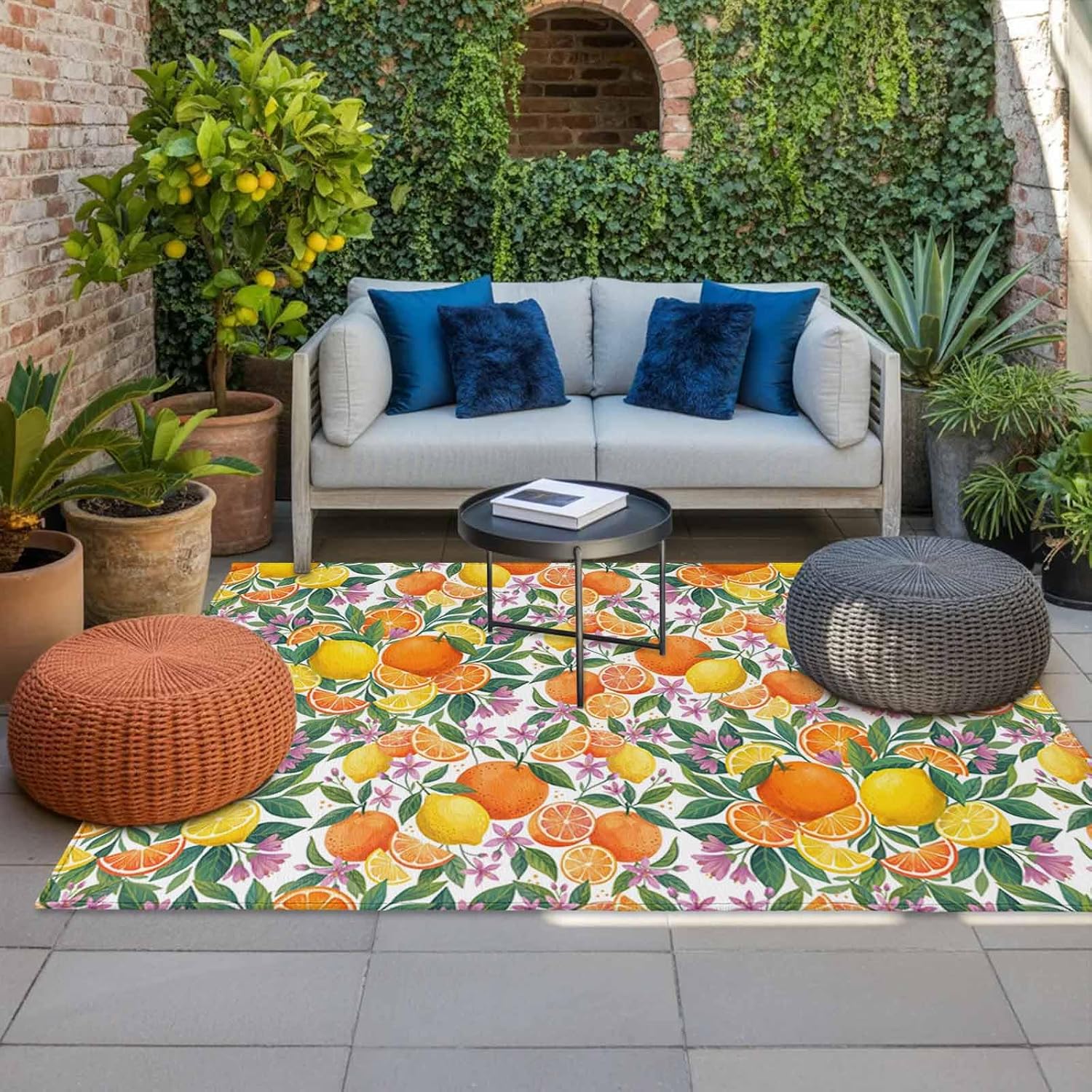 Orange Lemons Outdoor Rug for Patio/Deck/Porch, Non-Slip Large Area Rug 4 x 6 Ft, Summer Botanical Pastoral Elegant Indoor Outdoor Rugs Washable Area Rugs, Reversible Camping Rug Carpet Runner