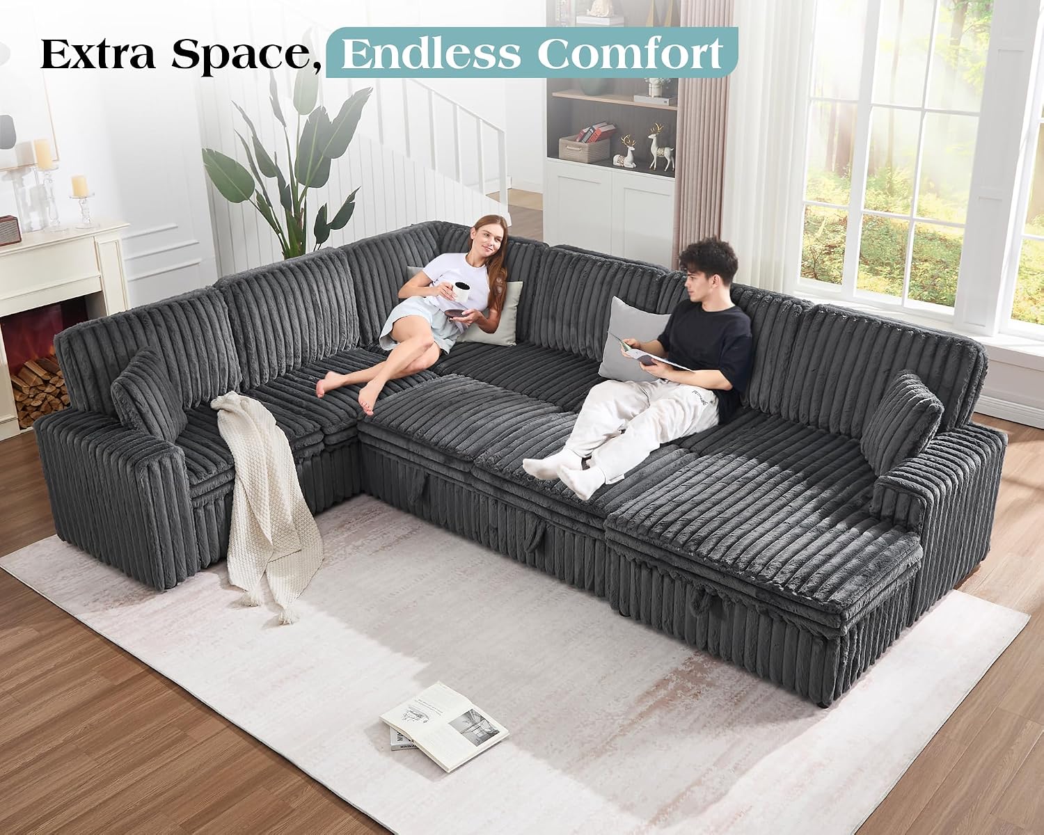 VanAcc 130' Sofa Bed, Sectional Sleeper Sofa with Pull Out Bed, Sleeper Couch for Living Room, 6 Seater Couch with Storage, Faux Fur Dark Grey