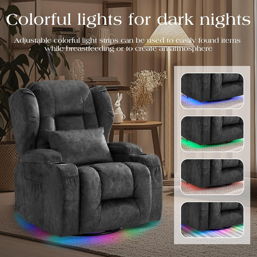 TUNYI Power Recliner Chair - Velvet Home Theater Seating Glider Reclining Sofa with Massage & Heat Swivel Rocker Recliner Chair for Living Room with LED Light/USB Port/Lumbar Pillow (VelGrey)
