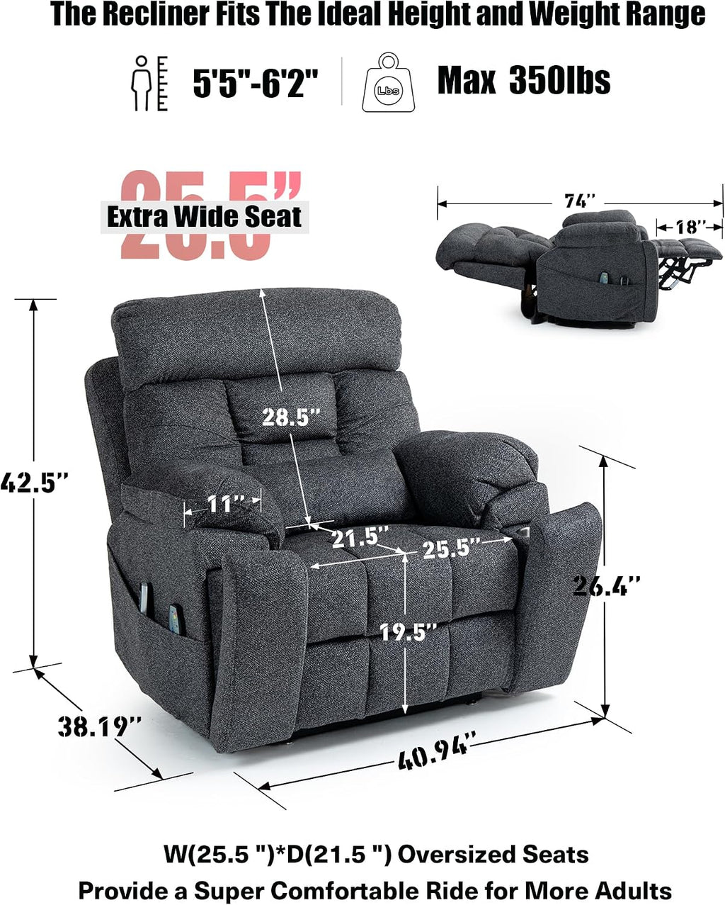 Oversized Lazy Boy Recliner Chair, 4 Motor Recliner with Power Headrest and Lumbar, Nursing Lift Chair with Vibrating Massage and Heated Seat