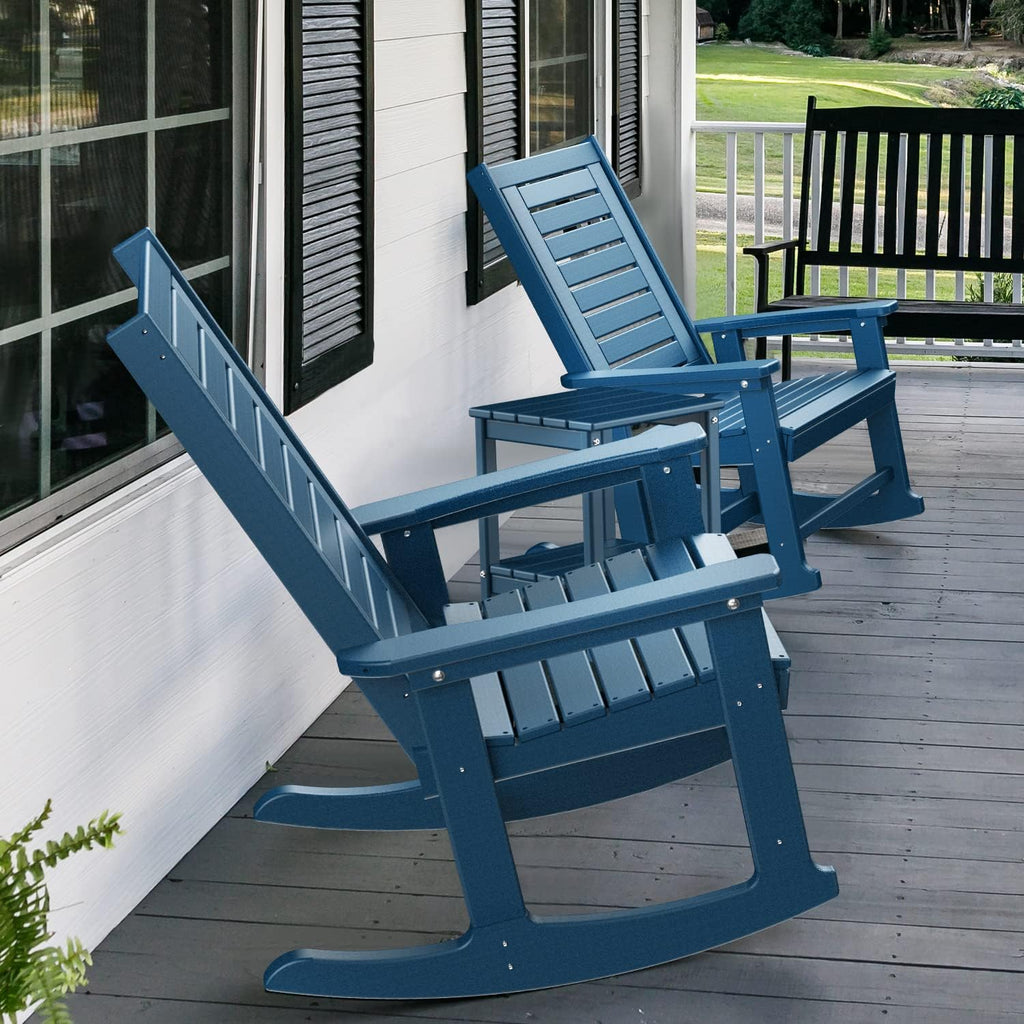 GREENVINES Outdoor Rocking Chairs | Set of 4 | Porch Rocker | HDPE Plastic | Blue | Oversized Rockers | High Back | Big & Tall | Ladder Back | for Patio Outside Backyard Balcony Garden