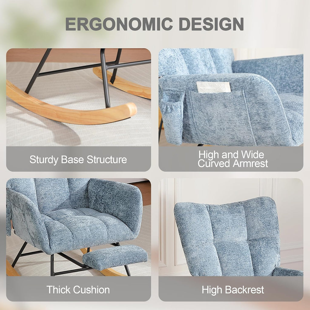 Rocking Chair Nursery with Airbag, Comfy Modern Nursery Rocking Reading Chair Indoor with Footrest, Cozy Upholstered Glider Rocker Chairs for Living Room Bedroom Offices(Chenille, Blue)