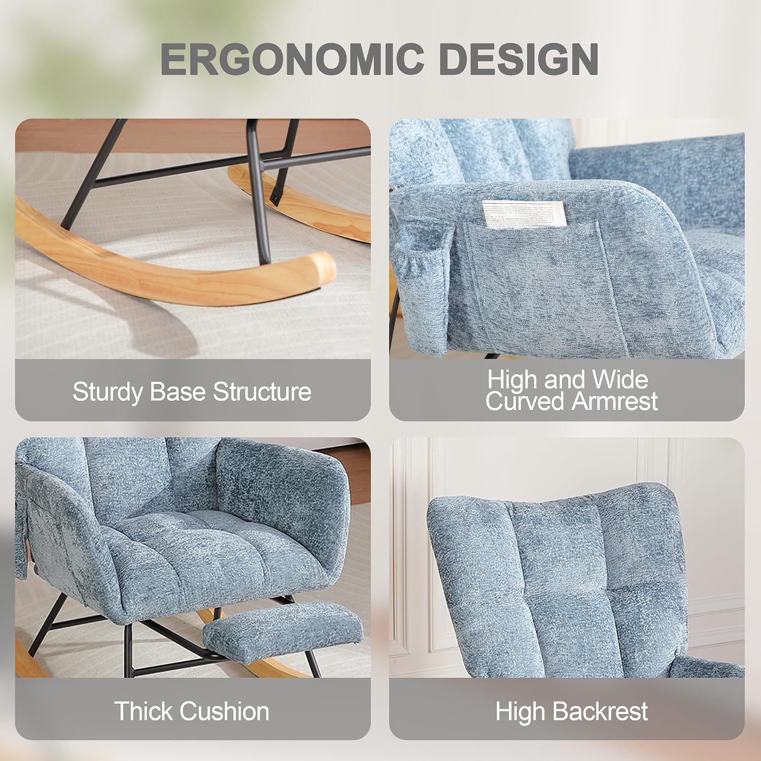 Rocking Chair Nursery with Airbag, Comfy Modern Nursery Rocking Reading Chair Indoor with Footrest, Cozy Upholstered Glider Rocker Chairs for Living Room Bedroom Offices(Chenille, Blue)