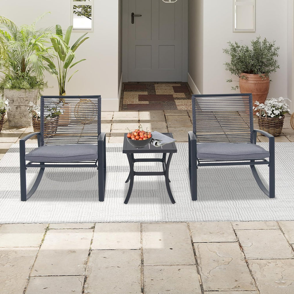 Domi Outdoor 3-Piece Wicker Rocking Chair Set, Patio Conversation Set with Removable Textilene Cushions & Metal Coffee Table, All-Weather Outside Chair Set of 3 for Balcony, Backyard, Pool, Grey