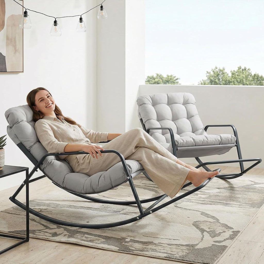 NICESOUL Set of 2 Outdoor Papasan Rocking Chair with Footrest, Oversized Patio Rocker with Cushion, Heavy Duty Steel Frame, Large Comfortable Rocking Lounge Chair for Backyard Balcony, Grey