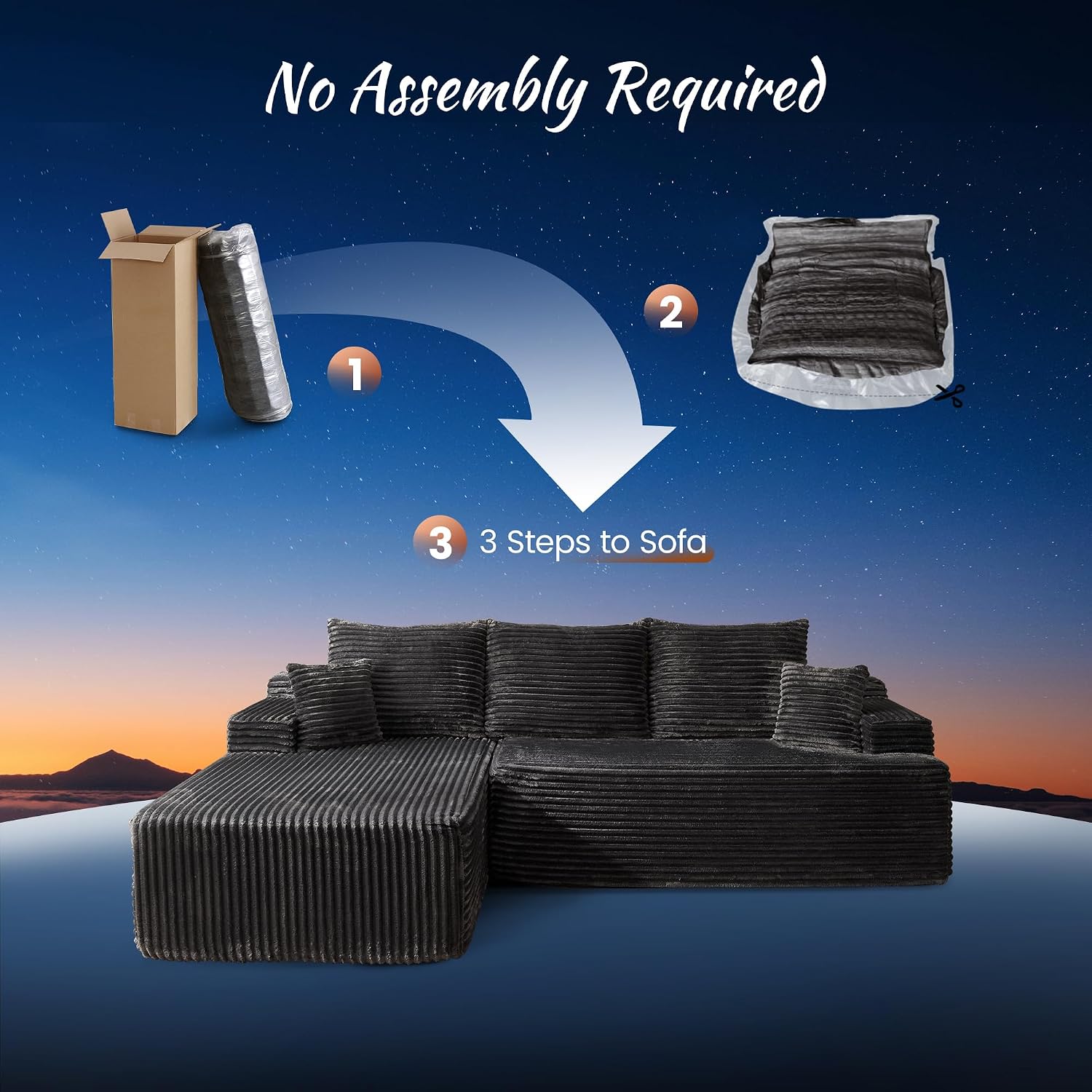 ovios 104' Cloud Boneless Couch with Glitter Fabric, Moudular Sectional Sofa with Deep Seat, No Assembly Required, Modern Minimalist L Shaped Couches with Chaise for Living Room, Grey