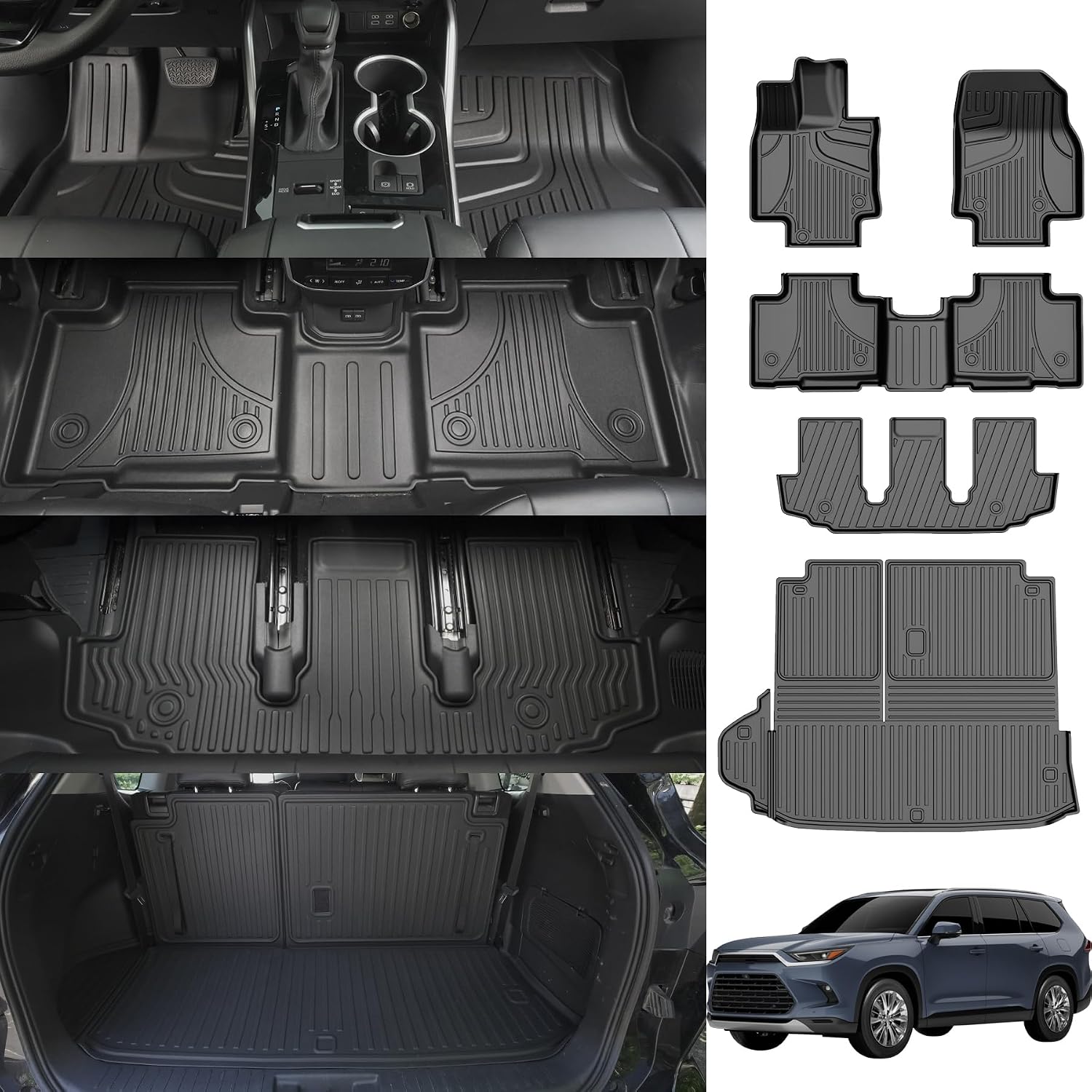 Floor Mats for Toyota Highlander 2020-2026 7 Seats - All Weather Floor Liners and Cargo Mat with Seatback Protector Highlander Accessories
