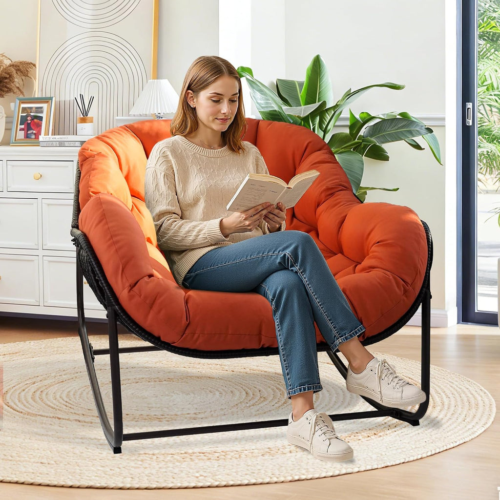Papasan Rocking Chair Indoor & Outdoor, Oversized Egg-Shaped Papasan Rocker with Cushion & Pillow, All-Weather Wicker Patio Lounge Chair for Garden, Porch, Living Room (Red)