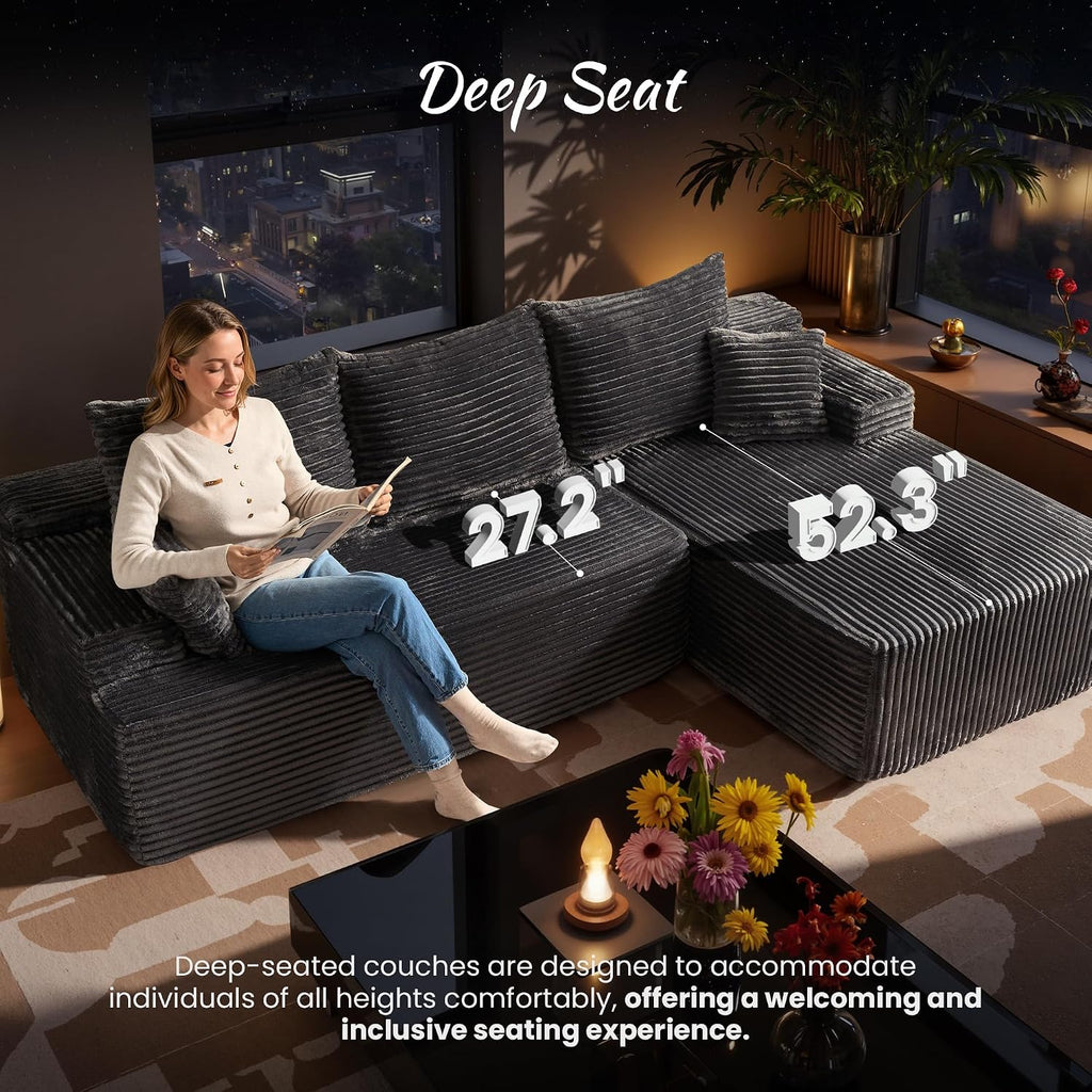 ovios 104' Cloud Boneless Couch with Glitter Fabric, Moudular Sectional Sofa with Deep Seat, No Assembly Required, Modern Minimalist L Shaped Couches with Chaise for Living Room, Grey