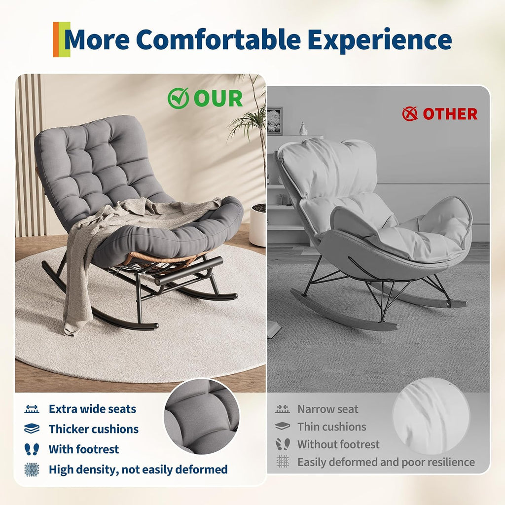 GarveeLife Papasan Rocking Chair with Thick Cushion, Outdoor Patio Rocking Chairs with Footrest, Oversized Rocker Wicker Chair for Bedroom, Living Room, Porch, Garden, Lawn (Dark Grey)