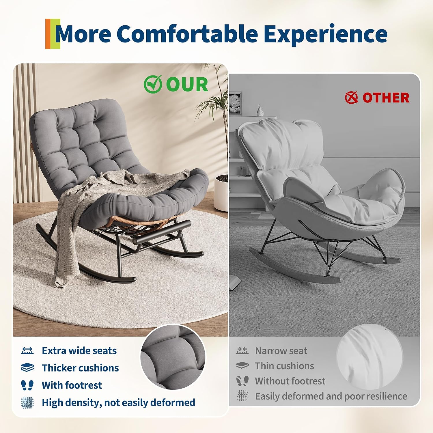 GarveeLife Papasan Rocking Chair with Thick Cushion, Outdoor Patio Rocking Chairs with Footrest, Oversized Rocker Wicker Chair for Bedroom, Living Room, Porch, Garden, Lawn (Dark Grey)