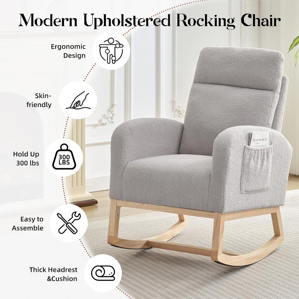 IDEALHOUSE Rocking Glider Chair for Nursery, Modern Rocking Chair, Teddy Upholstered Rocking Chair with Footrest, Rocker Glider for Living Room, Bedroom, Nursing Room