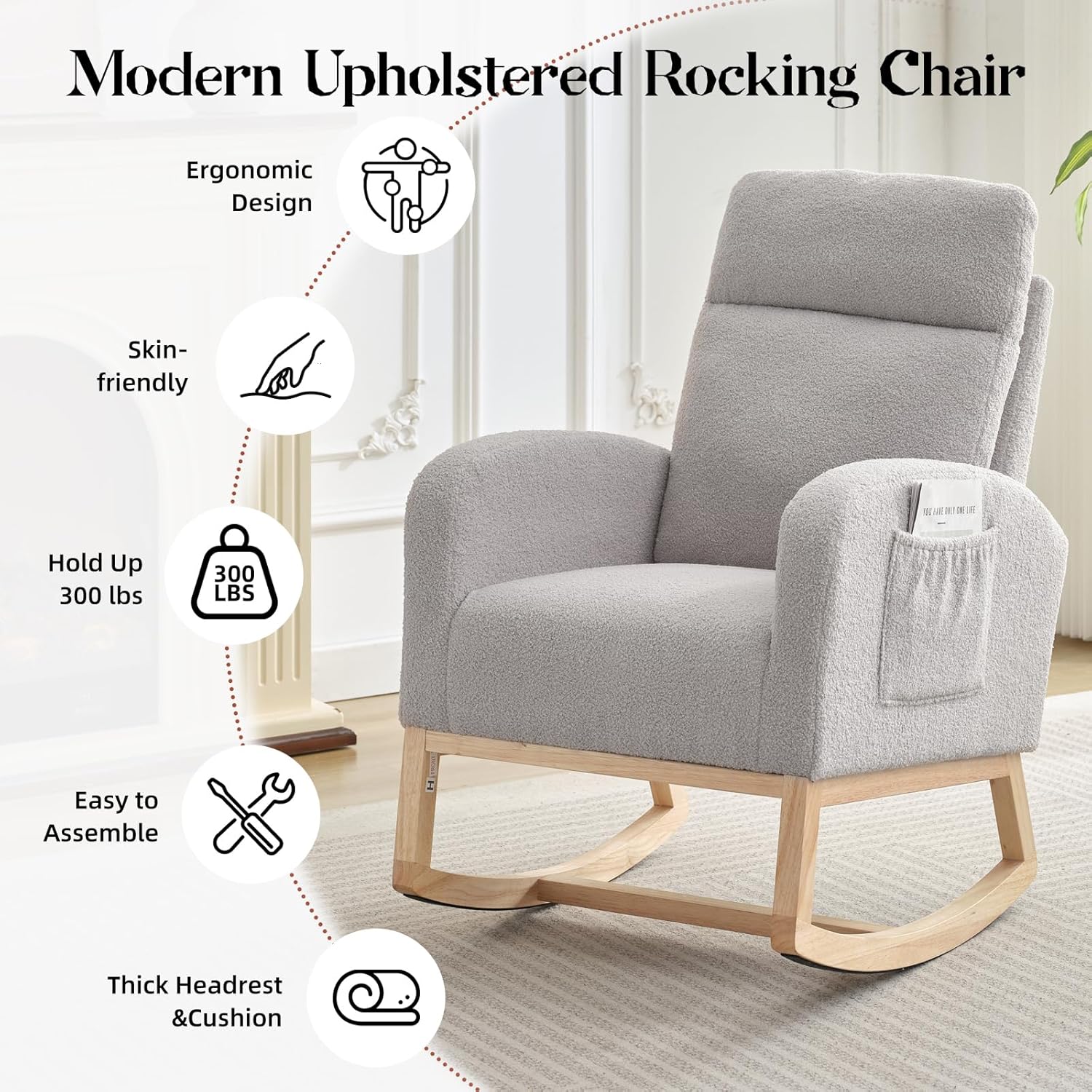 Nursery Glider and Rocker Chair, Upholstered High Back Rocking Chair with Side Pockets, 300 lbs Capacity Plush Teddy Fabric Accent Armchair for Living Room, Bedroom, Nursery (Light Grey)