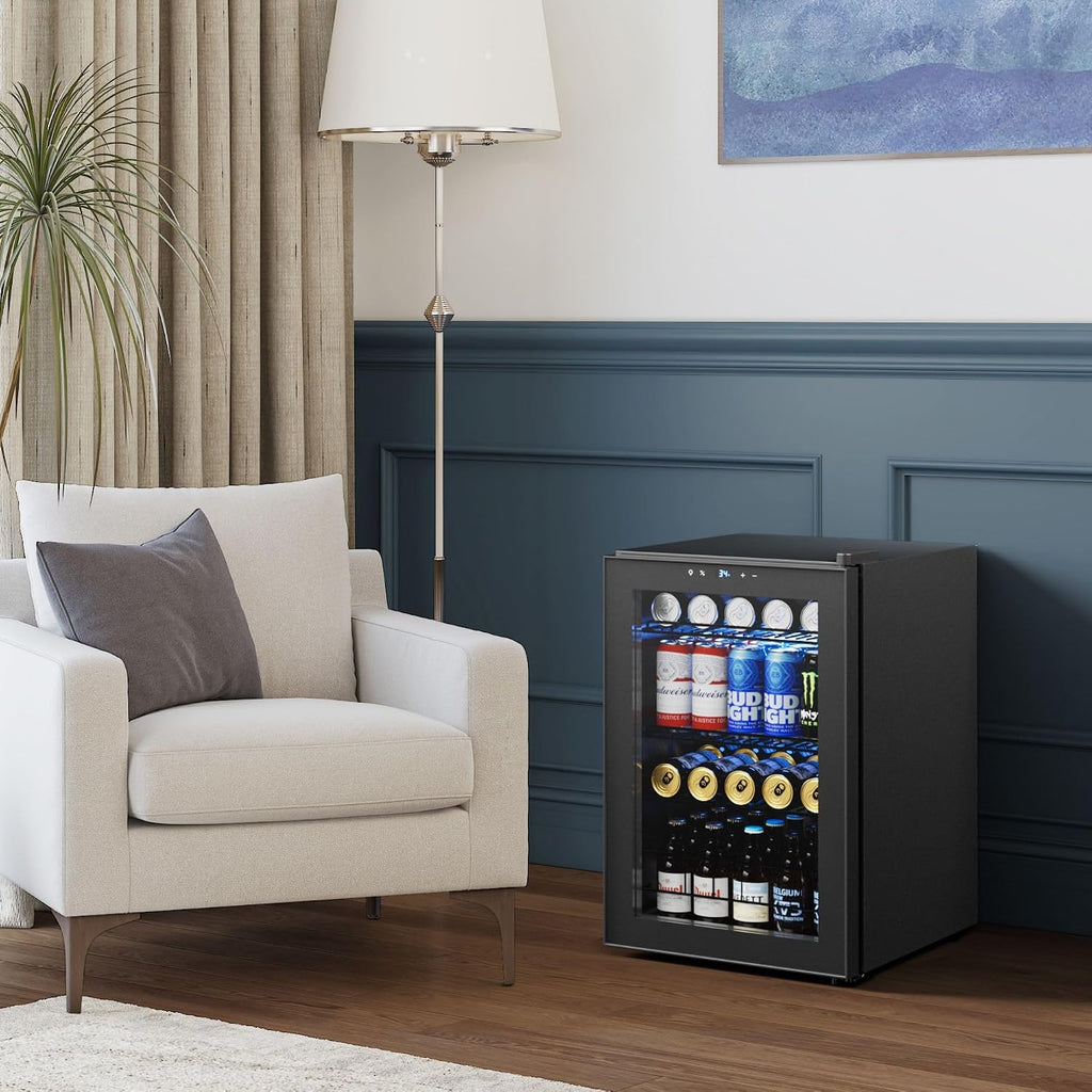 Yeego Countertop & Freestanding Beverage Fridge, 85-Can Mini Drink Refrigerator with Glass Door, Adjustable Shelves, Digital Temperature Control 34–54°F, Compact Cooler for Kitchen, Office, Bar