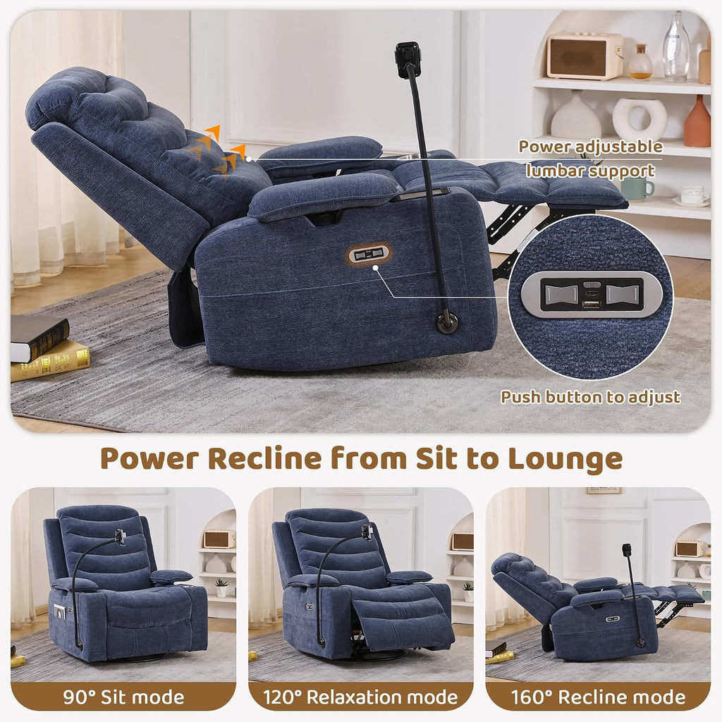 Olela Power Glider Recliner Nursery Chair, Swivel Rocking Chair with Electric Lumbar Support, USB Charging, Smart Cup Holder, Light, Adjustable Armrest, Wireless Phone Charger Holder, Chenille