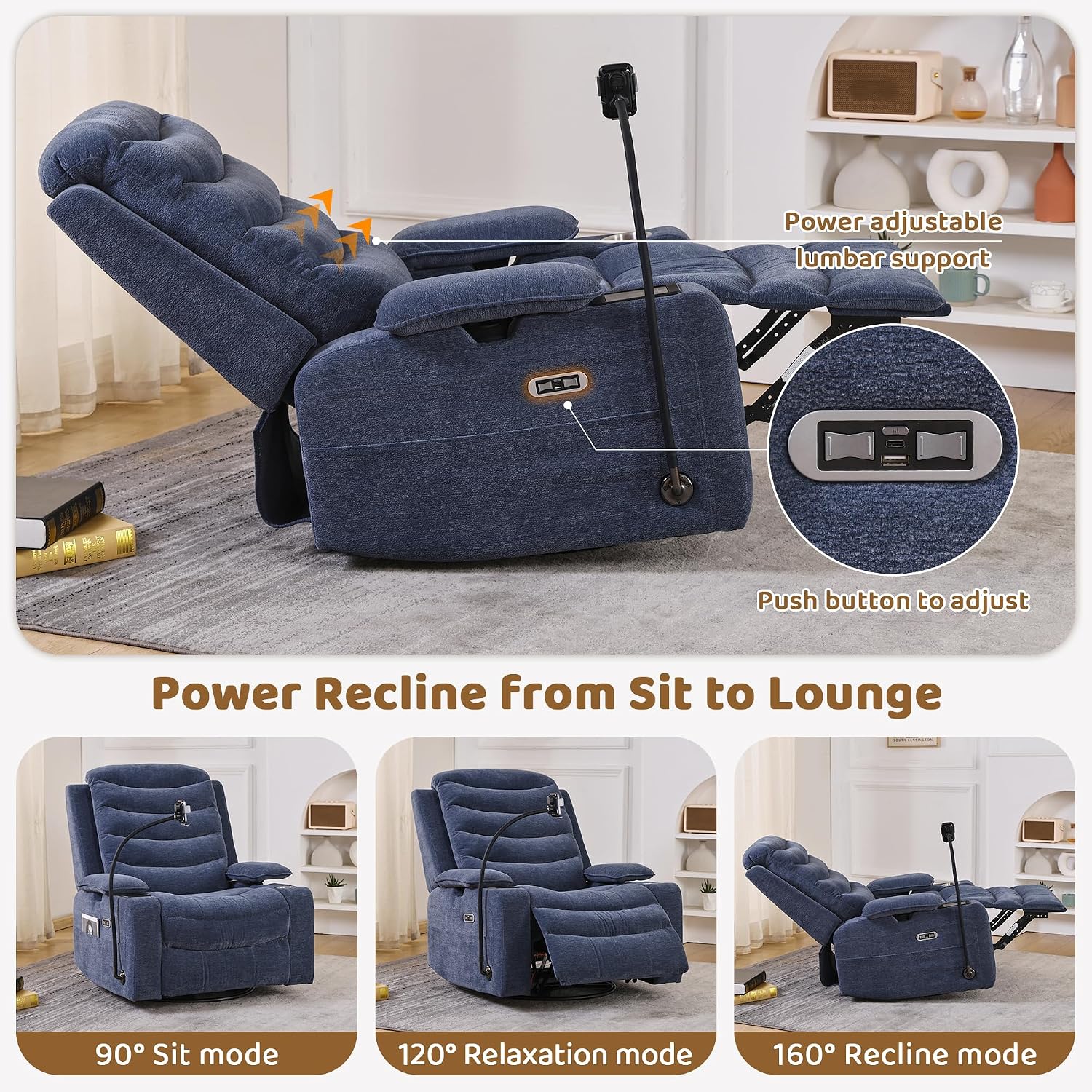 Olela Power Glider Recliner Nursery Chair, Swivel Rocking Chair with Electric Lumbar Support, USB Charging, Smart Cup Holder, Light, Adjustable Armrest, Wireless Phone Charger Holder, Chenille