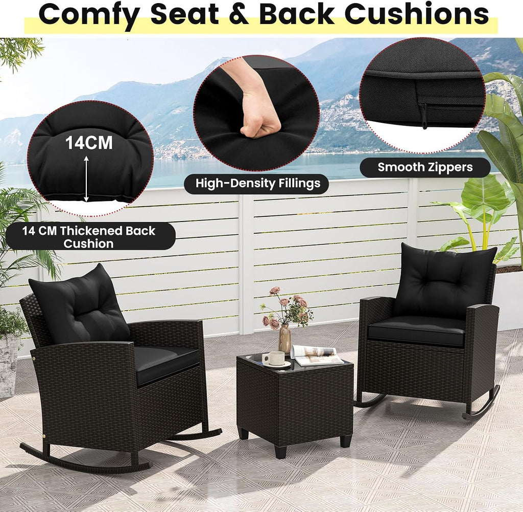 Tangkula 3 Piece Wicker Rocking Set, Patio Rattan Roker Chairs with Tempered Glass Table & Soft Cushions, Outdoor Furniture Set for Backyard, Poolside Porch (Black)