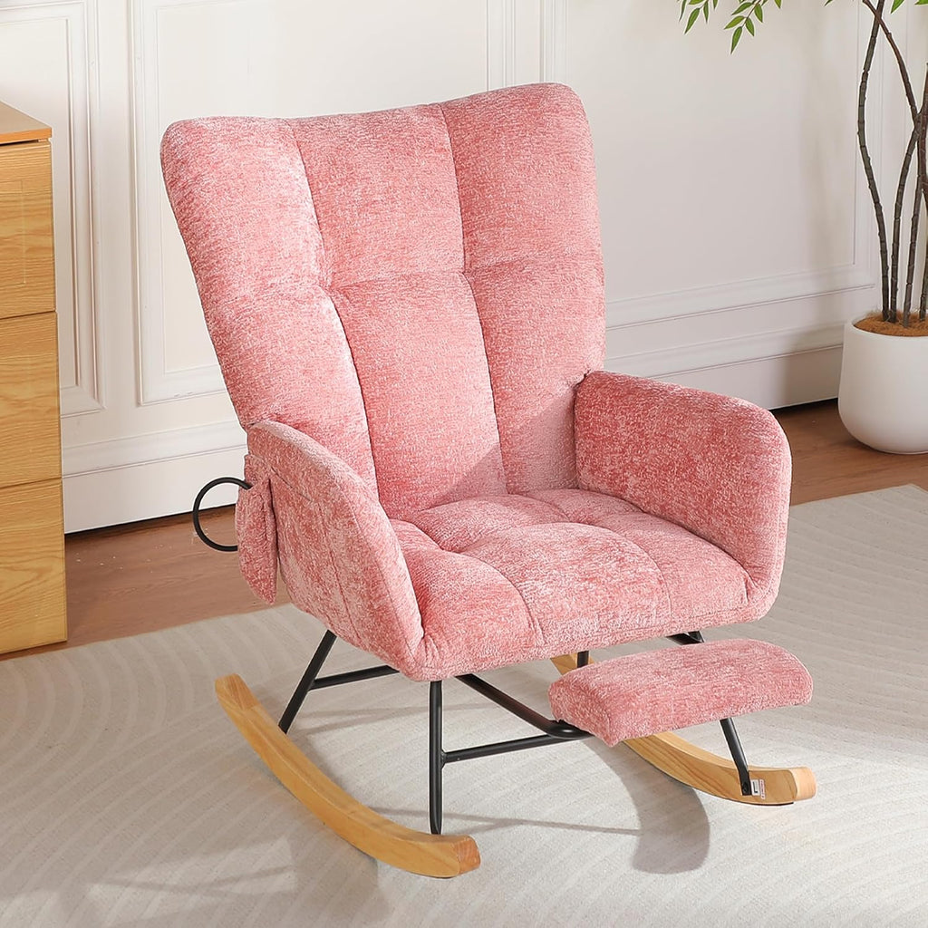 Rocking Chair Nursery with Airbag, Comfy Modern Nursery Rocking Reading Chair Indoor with Footrest, Cozy Upholstered Glider Rocker Chairs for Living Room Bedroom Offices(Chenille, Pink)