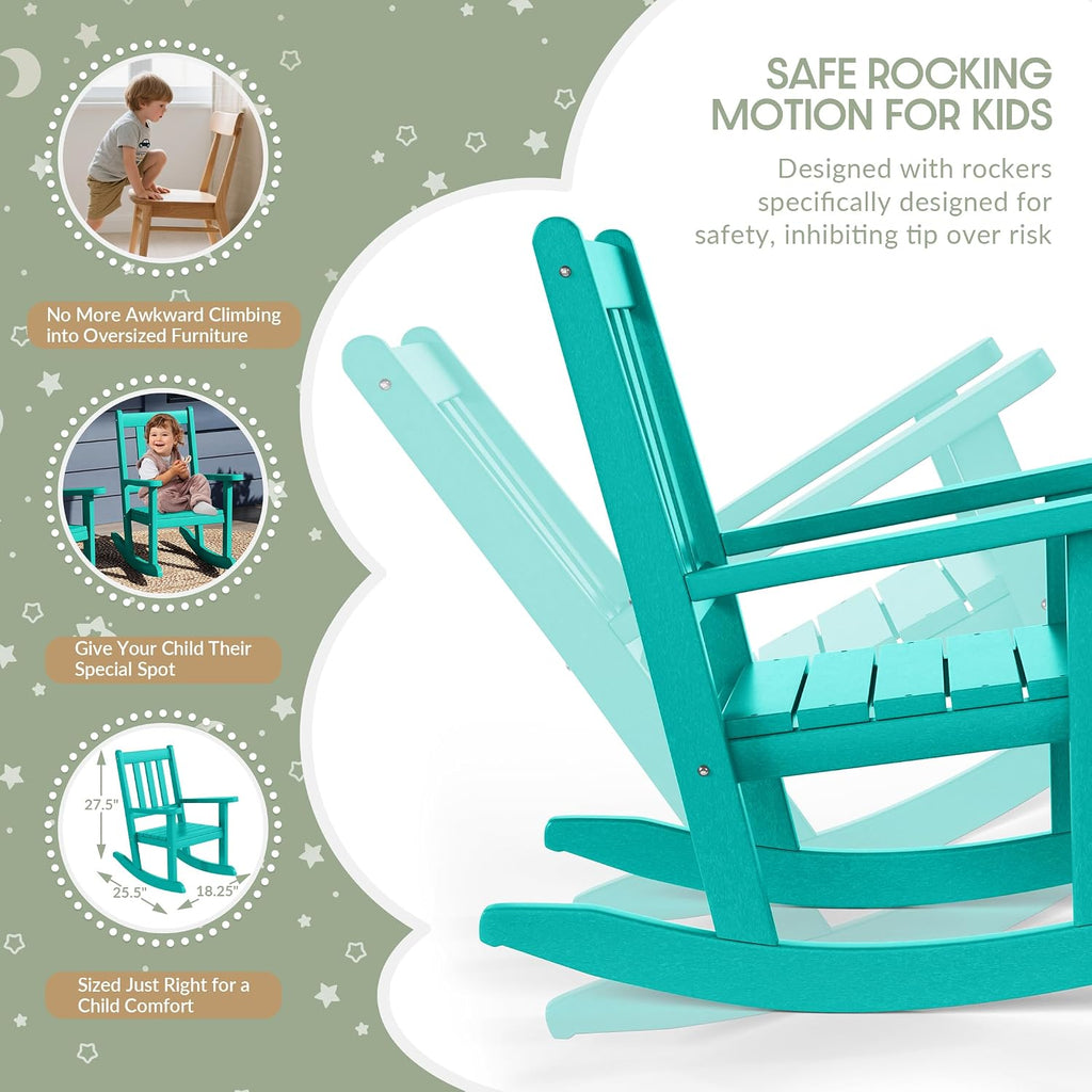 WestinTrends Malibu 3-Piece Kids Outdoor Rocking Chairs Set with Kids Square Side Table, Turquoise