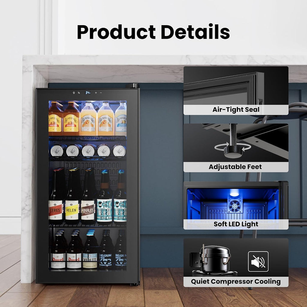 Yeego Beverage Refrigerator Cooler, 105-Can Mini Fridge with Glass Door, Adjustable Shelves, Digital Temperature Control for Soda, Beer, and Wine, Ideal for Home or Office