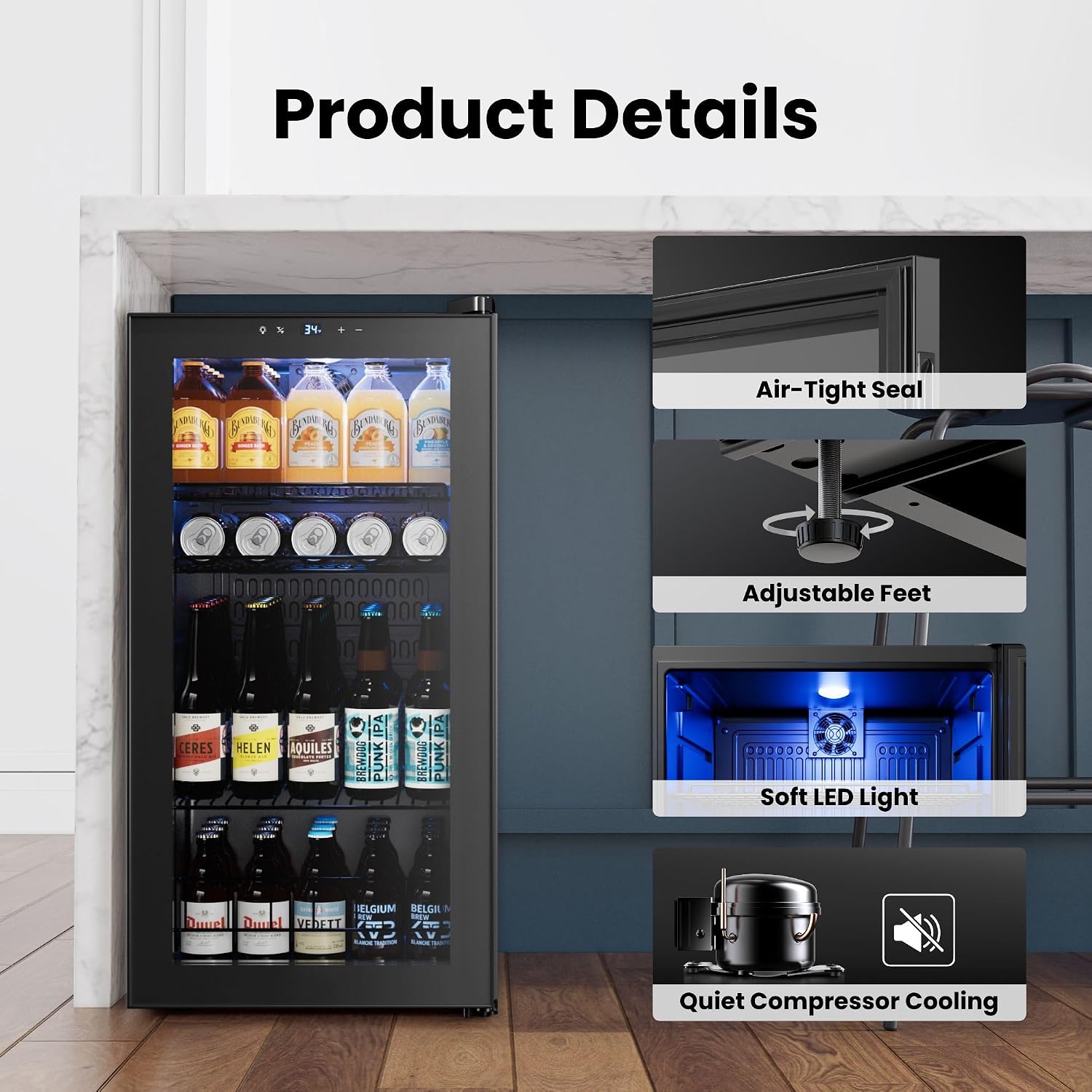 Yeego Beverage Refrigerator Cooler, 105-Can Mini Fridge with Glass Door, Adjustable Shelves, Digital Temperature Control for Soda, Beer, and Wine, Ideal for Home or Office