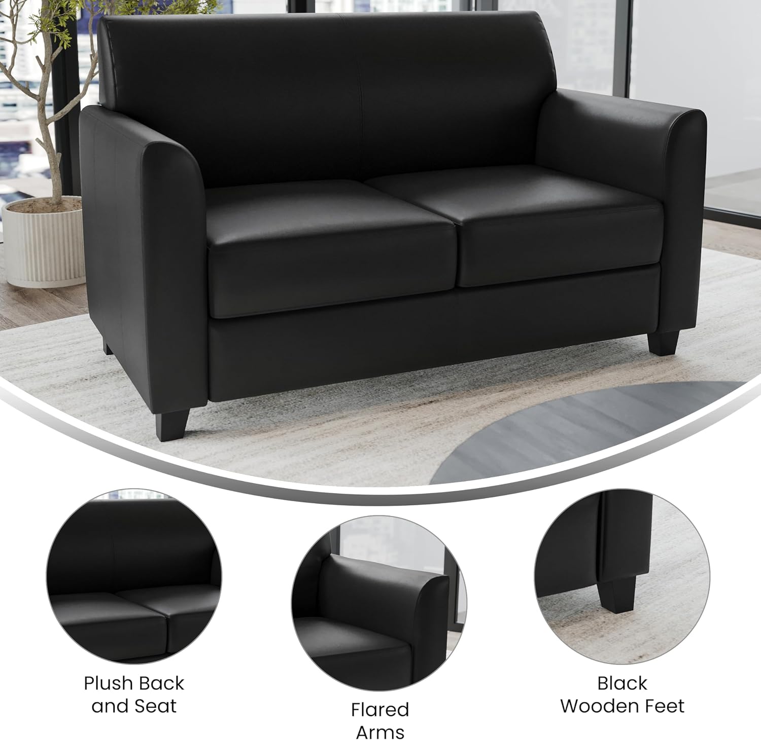 Flash Furniture Hercules Diplomat Series LeatherSoft Upholstered Loveseat, Modern Small Sofa for Living Room or Office, Black