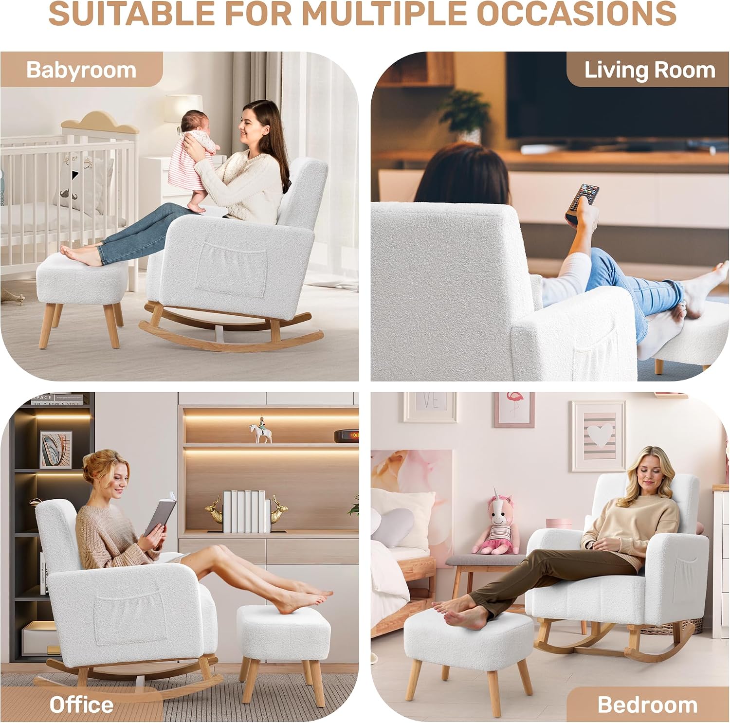 HCHAIRH Rocking Chair with Ottoman, Upholstered Glider Rocker with High Backrest and Side Pocket, Comfy Reading Chair with Solid Wood Legs for Nursery, Living Room,Bedroom White