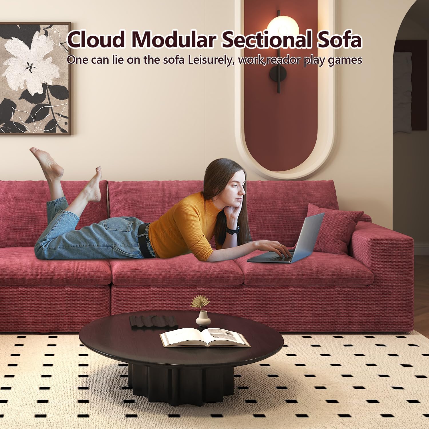 136.6'' U-Shaped Modern Modular Sectional Cloud Couch Whit Ottoman, 4-Seat Chenille Deep-Seat Sofa with Pillow for Living Room, Bedroom, Apartment, Wine Red