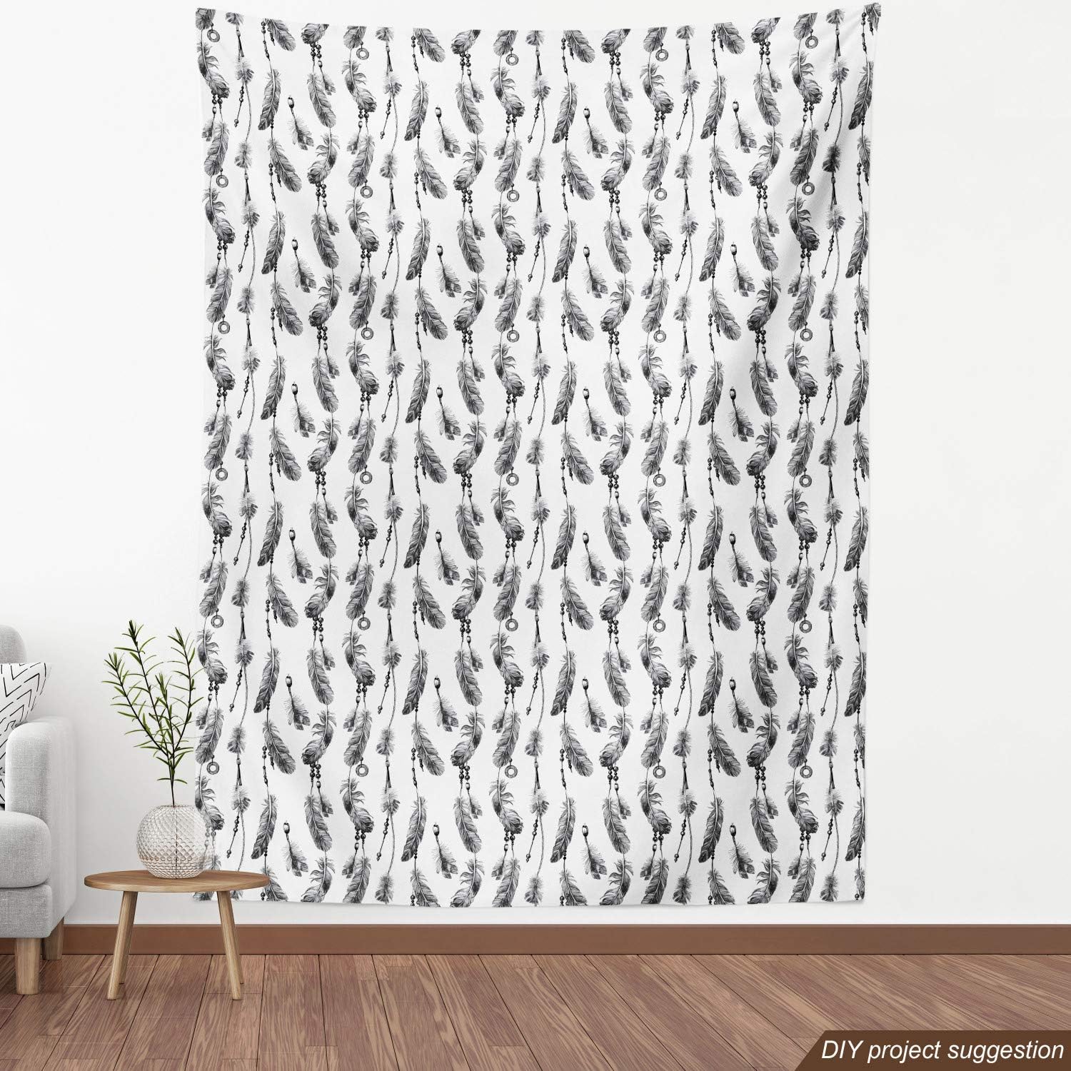 Ambesonne Tribal Fabric by The Yard, Bohemian Feathers and Beads on Thread Graphic Pattern Art, Decorative Fabric for Upholstery and Home Accents, 10 Yards, Grey Charcoal