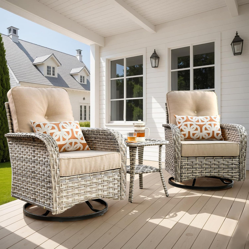 ovios Outdoor Swivel Rocking Chair Set of 3 with Coffee Table, Patio Wicker Rocker with Comfortable Thicken Deep Seating, Comfy Rattan Glider Chairs for Porch Deck Balcony Garden Backyard, Beige