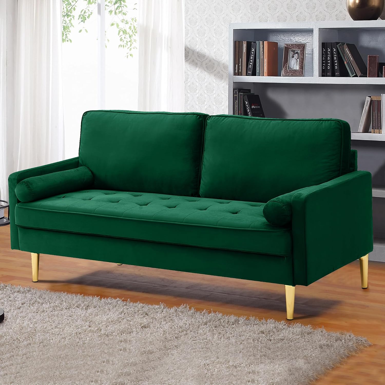 67' Modern Velvet Loveseat Sofa Couch, Mid-Century Tufted Upholstered Small Love Seat Couch with 2 Pillows & 4 Golden Legs, 2-Seats Couches for Compact Space, Living Room, Apartment (Emerald)