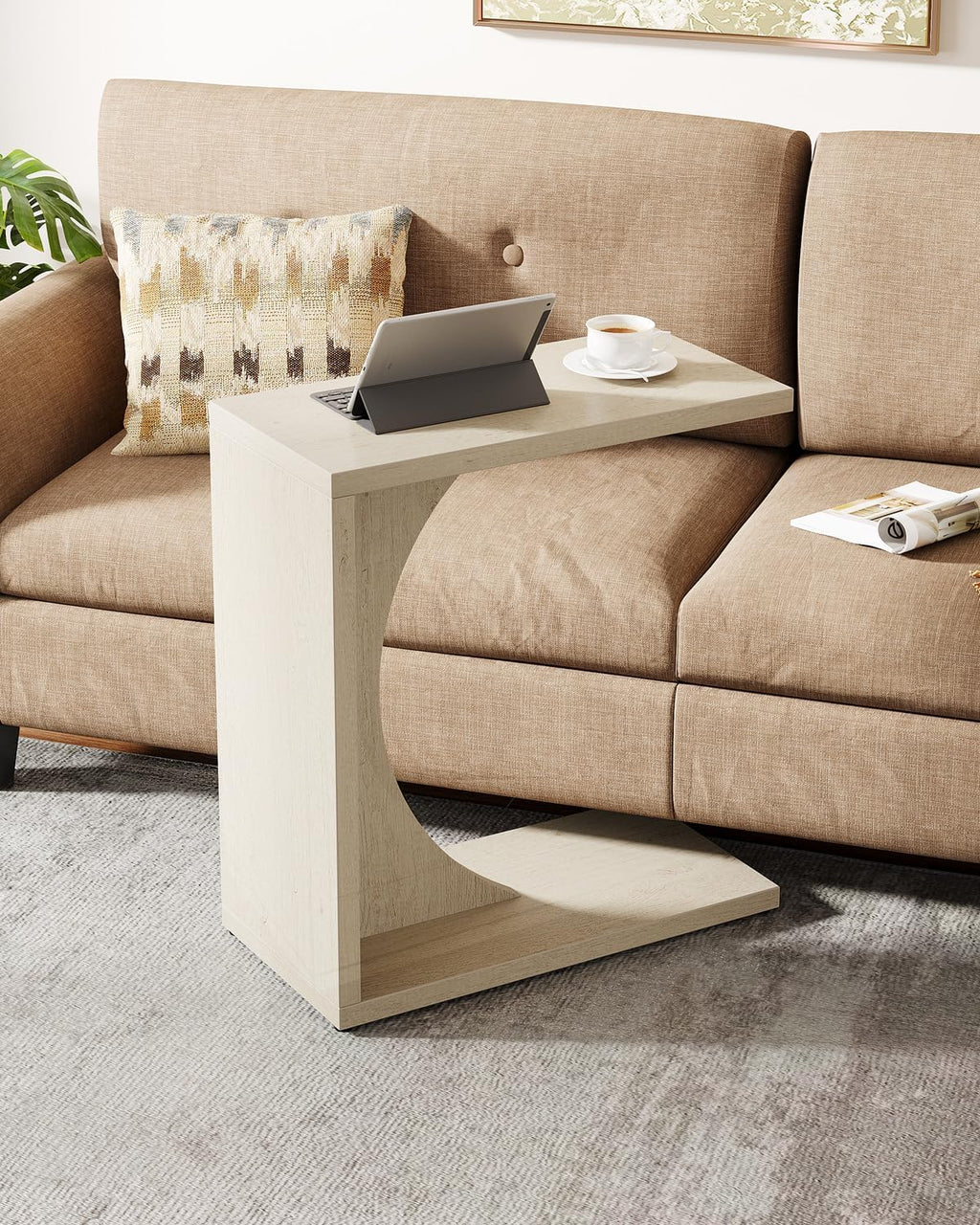 Tribesigns C-Shaped End Table for Couch, Sofa Side Table, C Table for Small Space, Living Room, Bedroom (2, Beige)