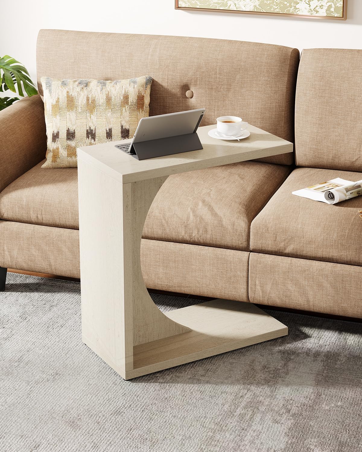 Tribesigns C-Shaped End Table for Couch, Sofa Side Table, C Table for Small Space, Living Room, Bedroom (2, Beige)