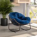 Outdoor Rattan Rocking Chair Oversized Papasan Recliner Lounger, Steel Frame & Thick Olefin Cushion, Indoor/Outdoor Use for Patio, Porch, Backyard, Garden, Balcony, Navy Blue