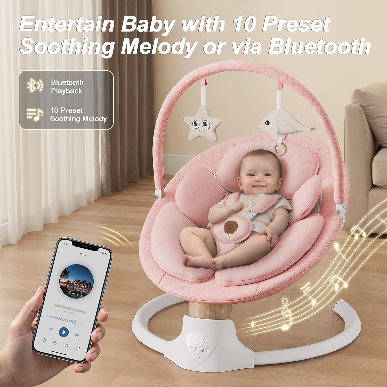 Baby Swings for Infants, FasonBaby Electric Baby Swing with 10 Preset Melodies, 5 Speeds, Remote Control and Bluetooth - Portable Infant Swing for Indoor and Outdoor(Pink)