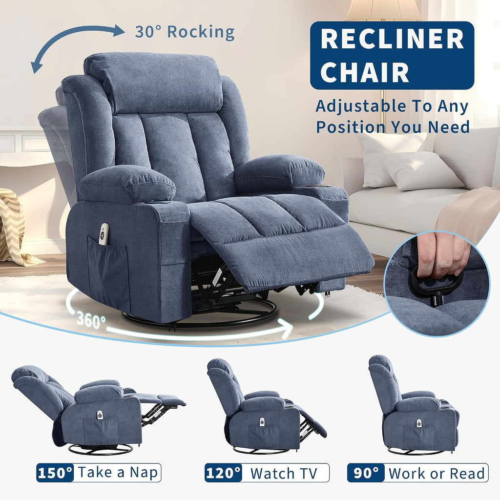 GarveeHome Rocker Swivel Recliner Chair with Heat Massage Large Wide Rocking Lazy Boy Single Sofa Seat with 3 Positions 2 Side Pockets Cup Holders USB Ports Remote Control (Blue)