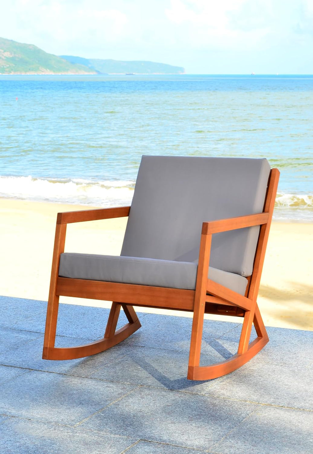 SAFAVIEH Outdoor - Vernon Rocking Chair - Natural & Grey - Solid Wood with Cushion - Shaker-Inspired Slatted Design - Ideal for Patio, Deck, Porch, Backyard, 24.6' Seat Height (PAT7013D)