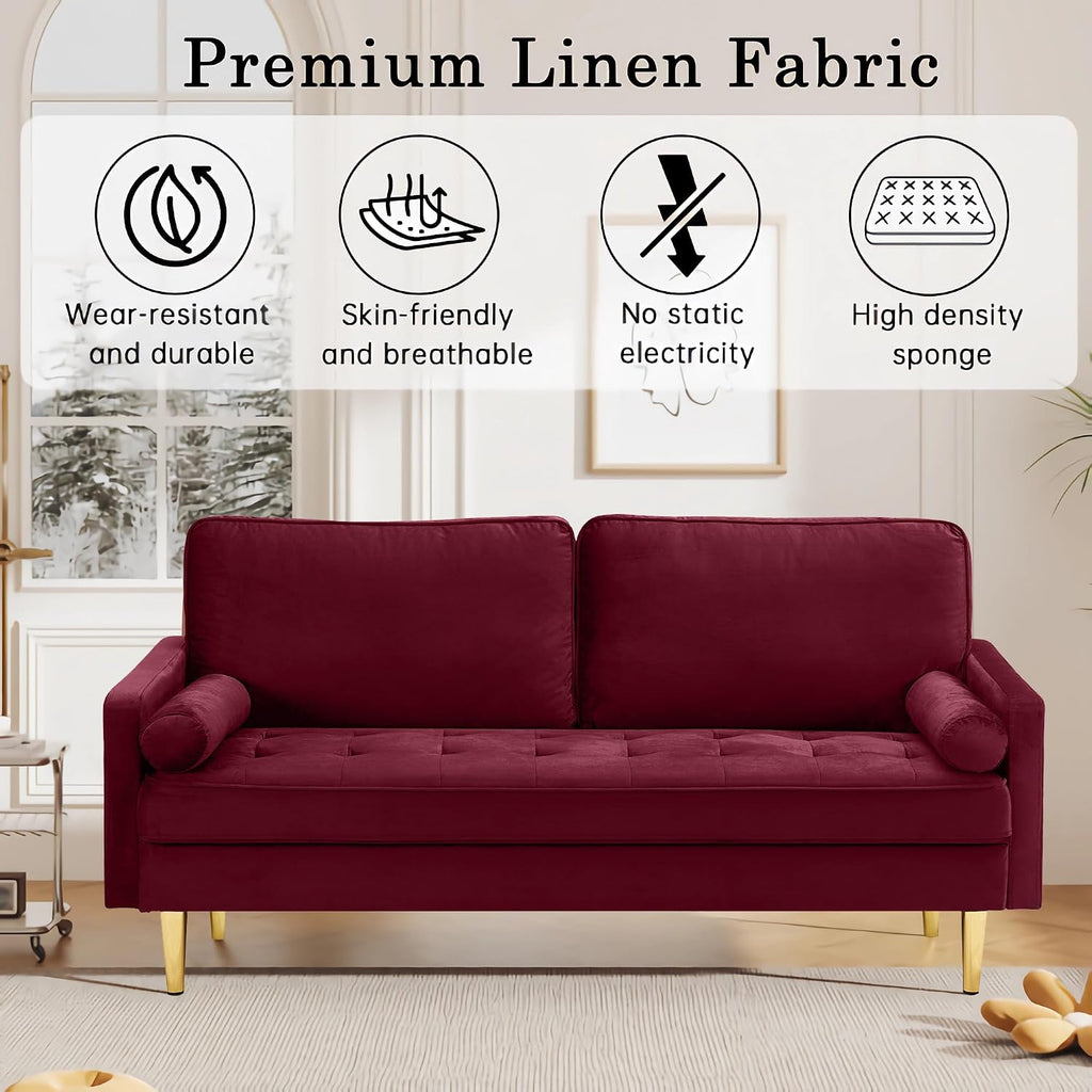 67' Modern Velvet Loveseat Sofa Couch, Mid-Century Tufted Upholstered Small Love Seat Couch with 2 Pillows & 4 Golden Legs, 2-Seats Couches for Compact Space, Living Room, Apartment (Burgundy)