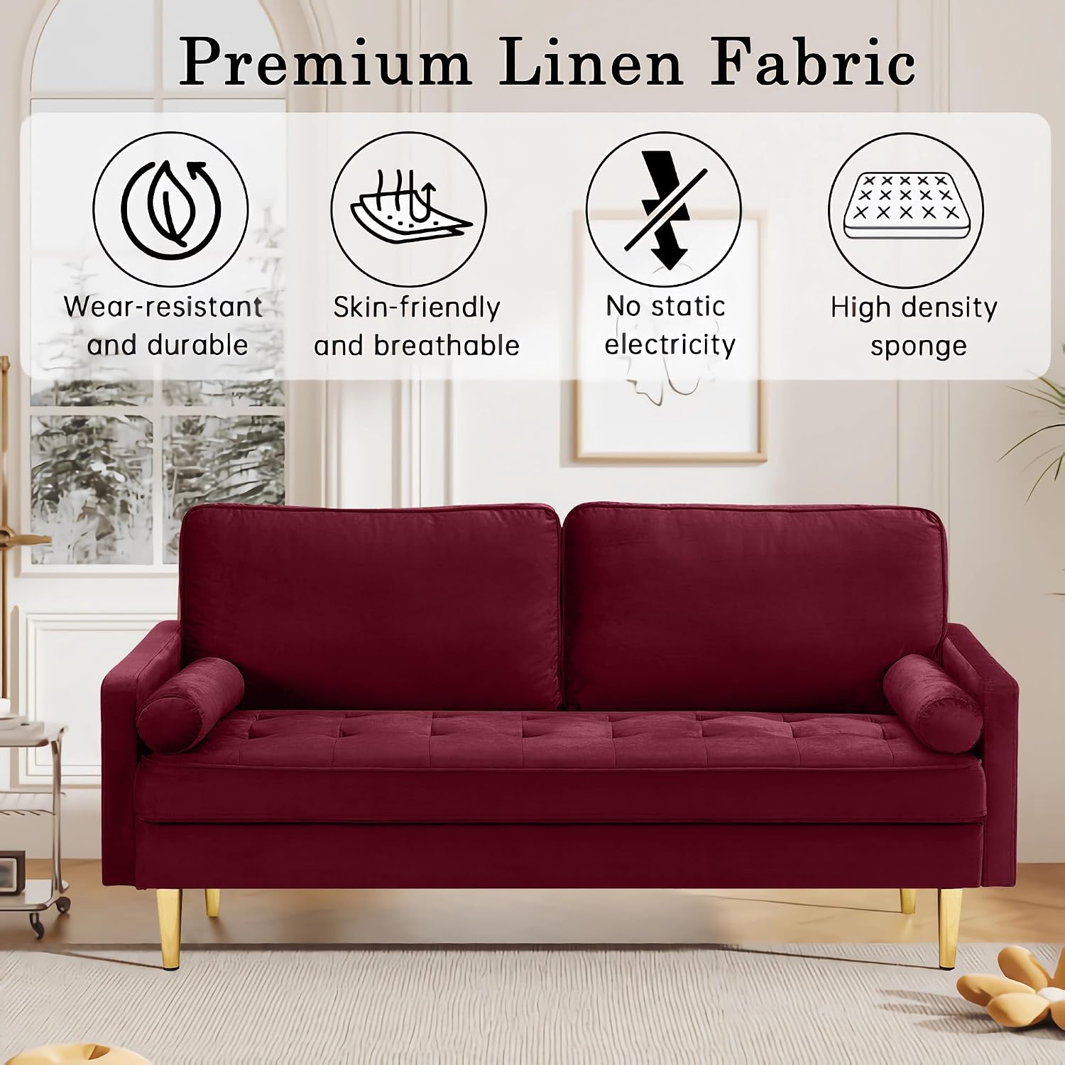 67' Modern Velvet Loveseat Sofa Couch, Mid-Century Tufted Upholstered Small Love Seat Couch with 2 Pillows & 4 Golden Legs, 2-Seats Couches for Compact Space, Living Room, Apartment (Burgundy)
