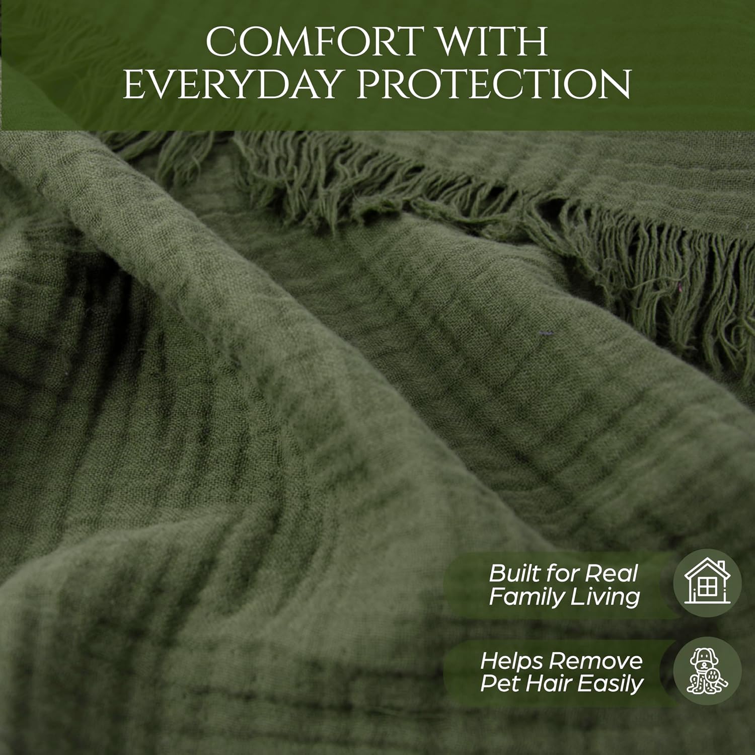 Cloud Like Sofa Cover%100 Pure Cotton, Green Couch Covers for 3 Seater Sofa, Sectional L Shape, U Shape, 4 Layered Natural Muslin Washable Boho Couch Cover (Green, 70x134/177x340cm)